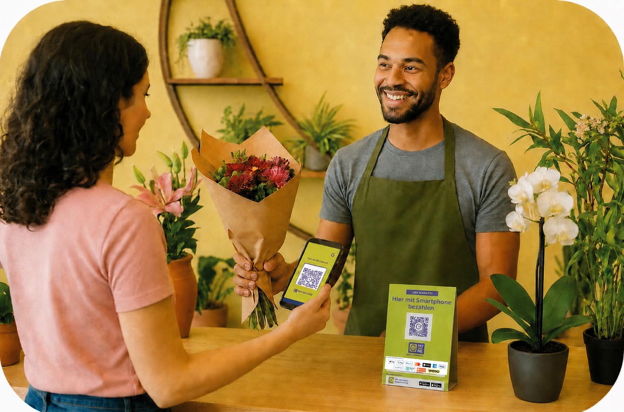 <p>Kundin bezahlt kontaktlos per Smartphone über einen QR-Code, der auf dem Display einer gewöhnlichen Kasse mit „Pay with ME&nbsp;– PAY“ beworben wird.</p>